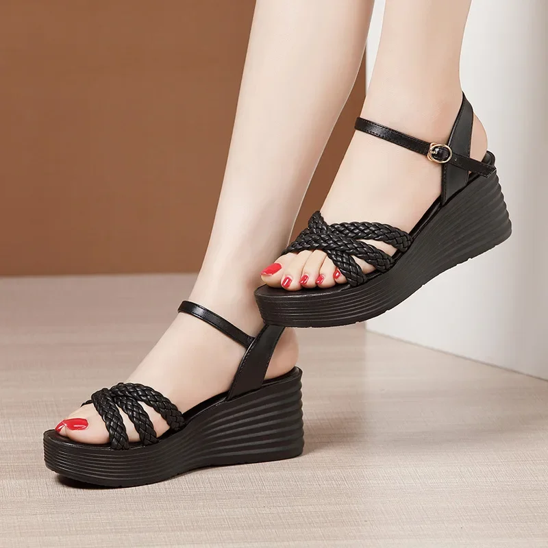 Comfortable 7cm Medium Heels Wedges Shoes Women Summer 2025 Beach Office Mother Knit Platform Sandals Big Size 32-43