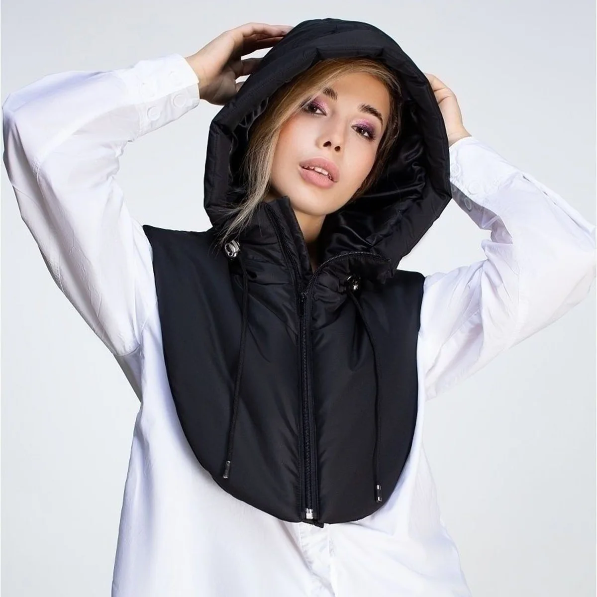 Women\'s Faux Vest Sleeveless Zipper Faux Hood Stand Up Collar Padded Vest Lightweight Removable Women\'s Winter Vest