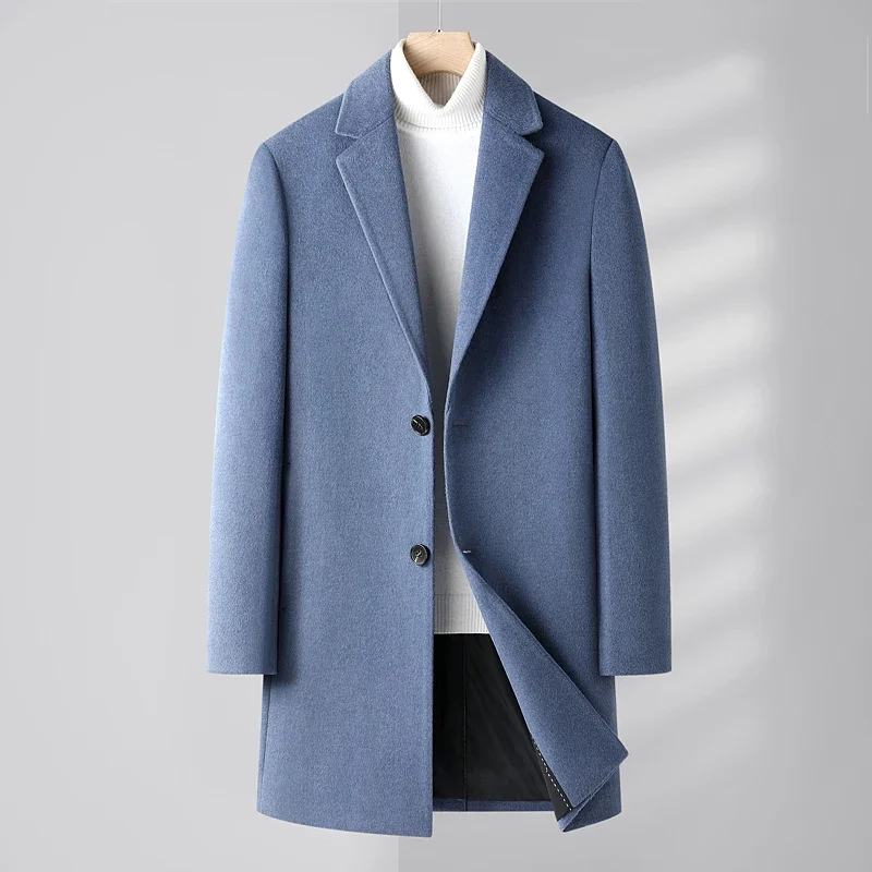 New Men's Fashion Cashmere Elegant Gentleman Solid Color British Style Business Slim Casual Wool Coat Medium Long Wool Coat