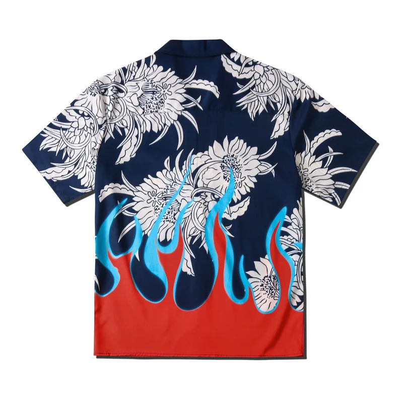 Summer New Men Flame Chrysanthemum Print Shirt Lovers Fashion Short Sleeve Cool Thin Male Hawaiian Beach Harajuku Lapel Shirts