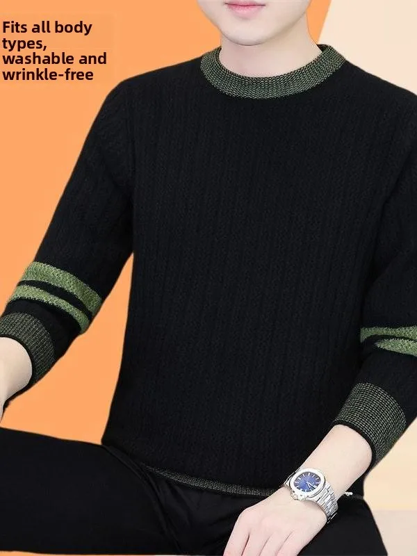 

Мужской утепленный вязаный свитер-термобелье для осени и зимы: модный, эластичный, теплый, не деформируется, с длинным рукавом, круглым вырезом