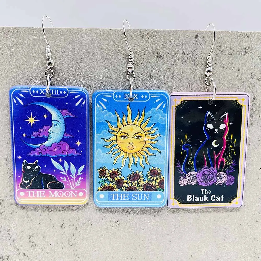 Cartoon Board Game Card Tarot Card Earrings Black White Cat Tarot Card Charms Sun Moon Star Acrylic Halloween Earrings