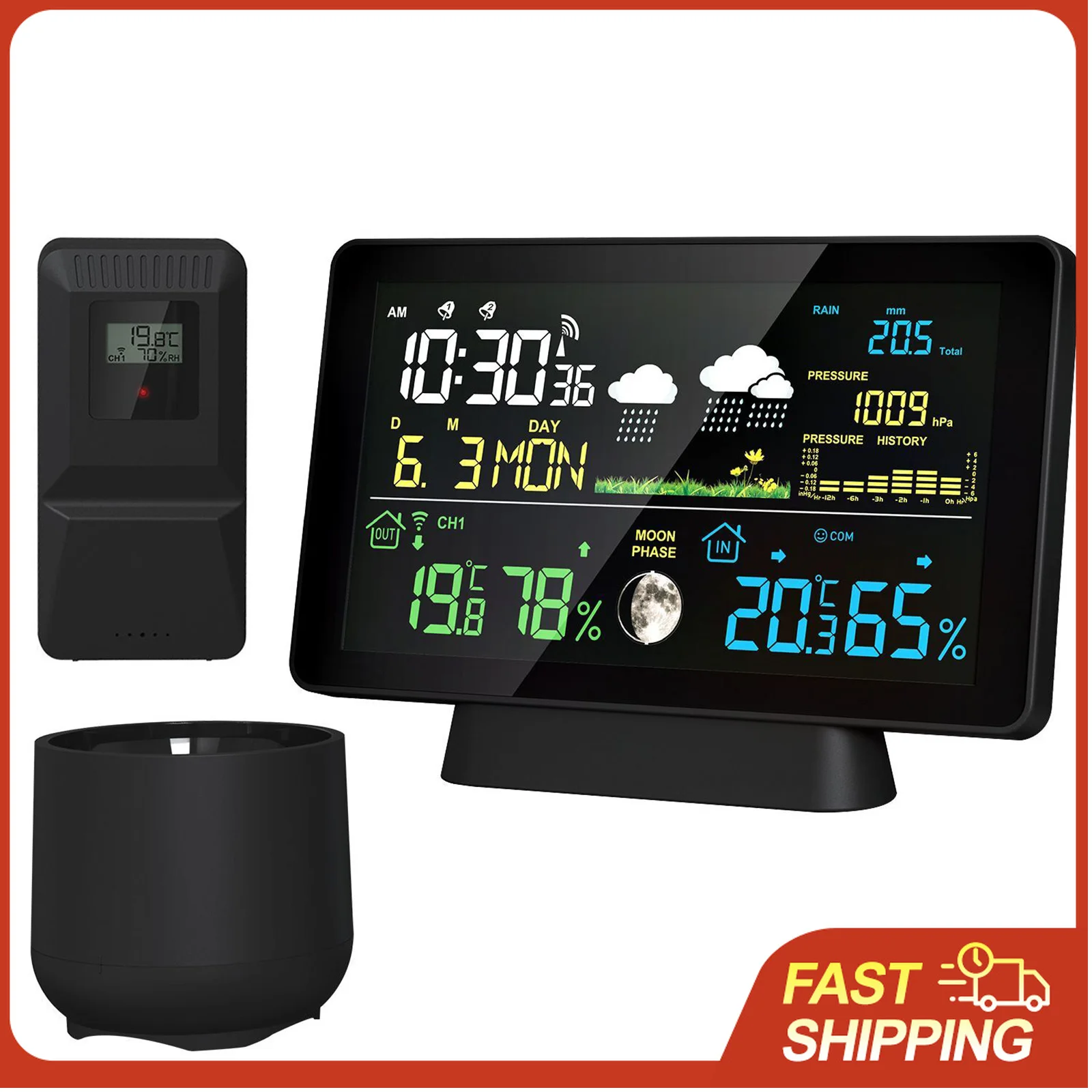 Wireless Weather Station 8-in-1 Indoor/Outdoor Thermometer Temperature Humidity Time Date Radio Signal Air Pressure Moon Phase