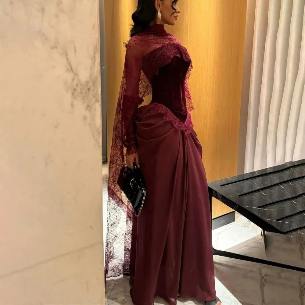 فستان سهرة مخصص برقبة عالية رائع بأكمام طويلة فساتين لحضور الحفلات الموسيقية Ruched مناسبة رسمية مزين بالدانتيل فستان حفلات رداء سواريه