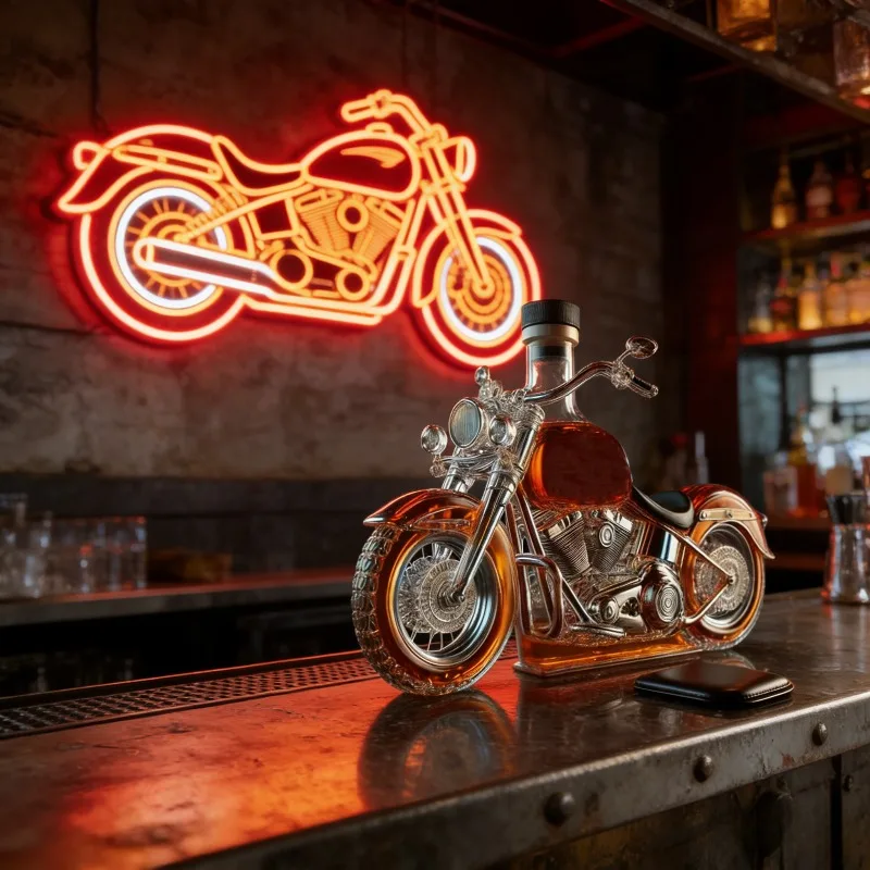 Motorcycle Shaped Glass Whiskey Decanter, Unique Liquor Bottle for Home Bar Decor & Gifting