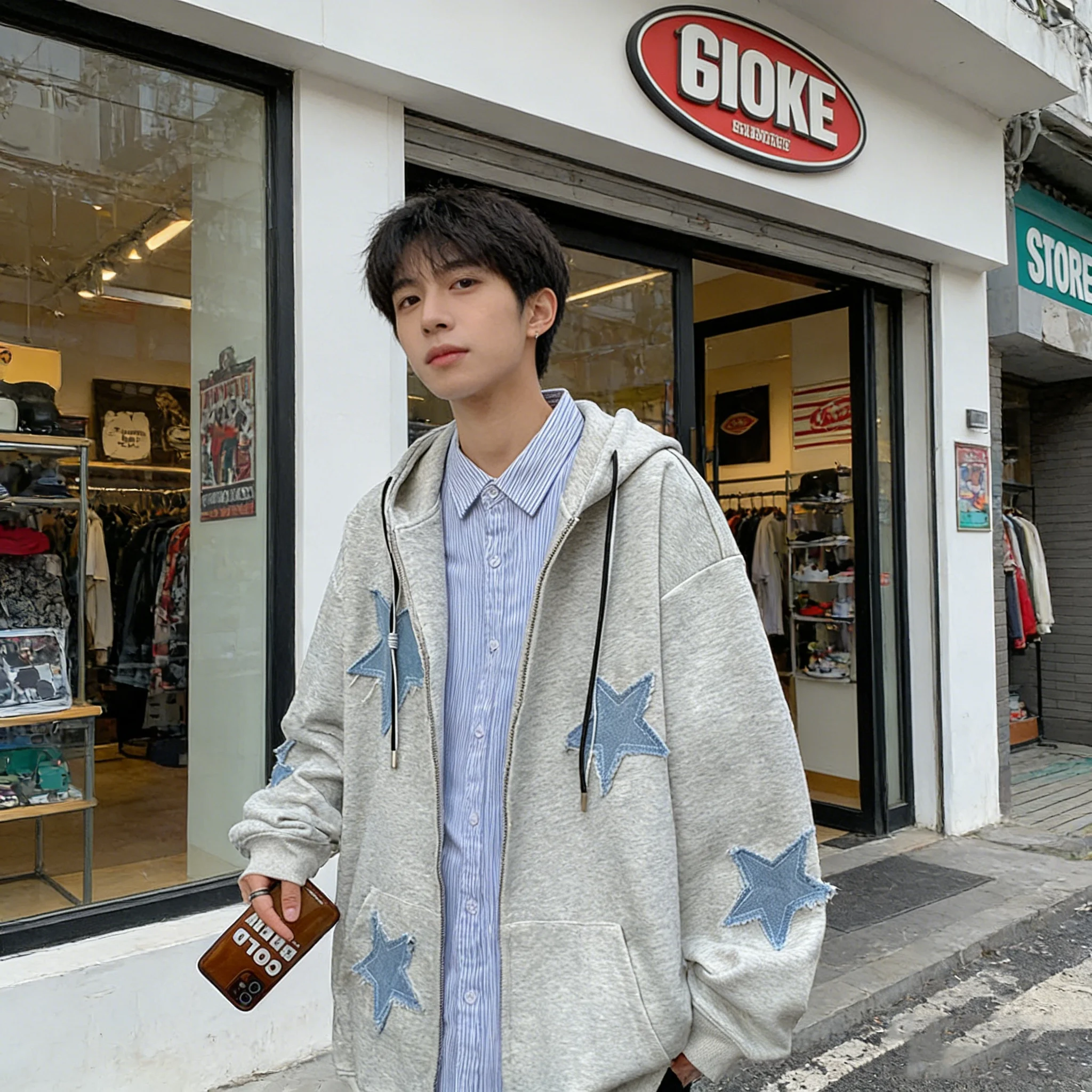 

Толстовка с капюшоном в европейском и американском стиле, с нашивками в виде звезд, модная свободная куртка, спортивная уличная куртка в ретро-стиле.