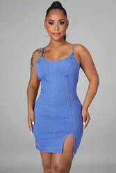 Women Denim One Piece Dress Casual Sexy Side Split Bodycon Dresses High Elastic Casual Skirt Zipper Female LYY029