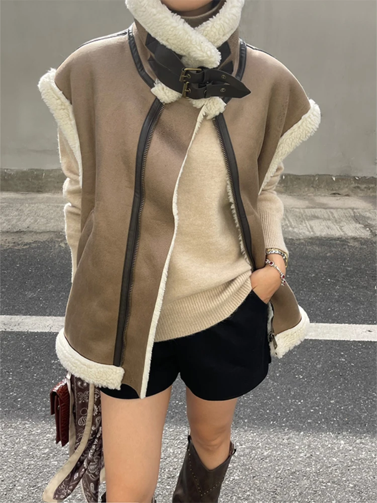 

Fitaylor New Autumn Winter Women Loose Thick Warm Suede Wool Vest Coat Lady Streetwear Sleeveless Faux Leather Lamb Fur Jacket