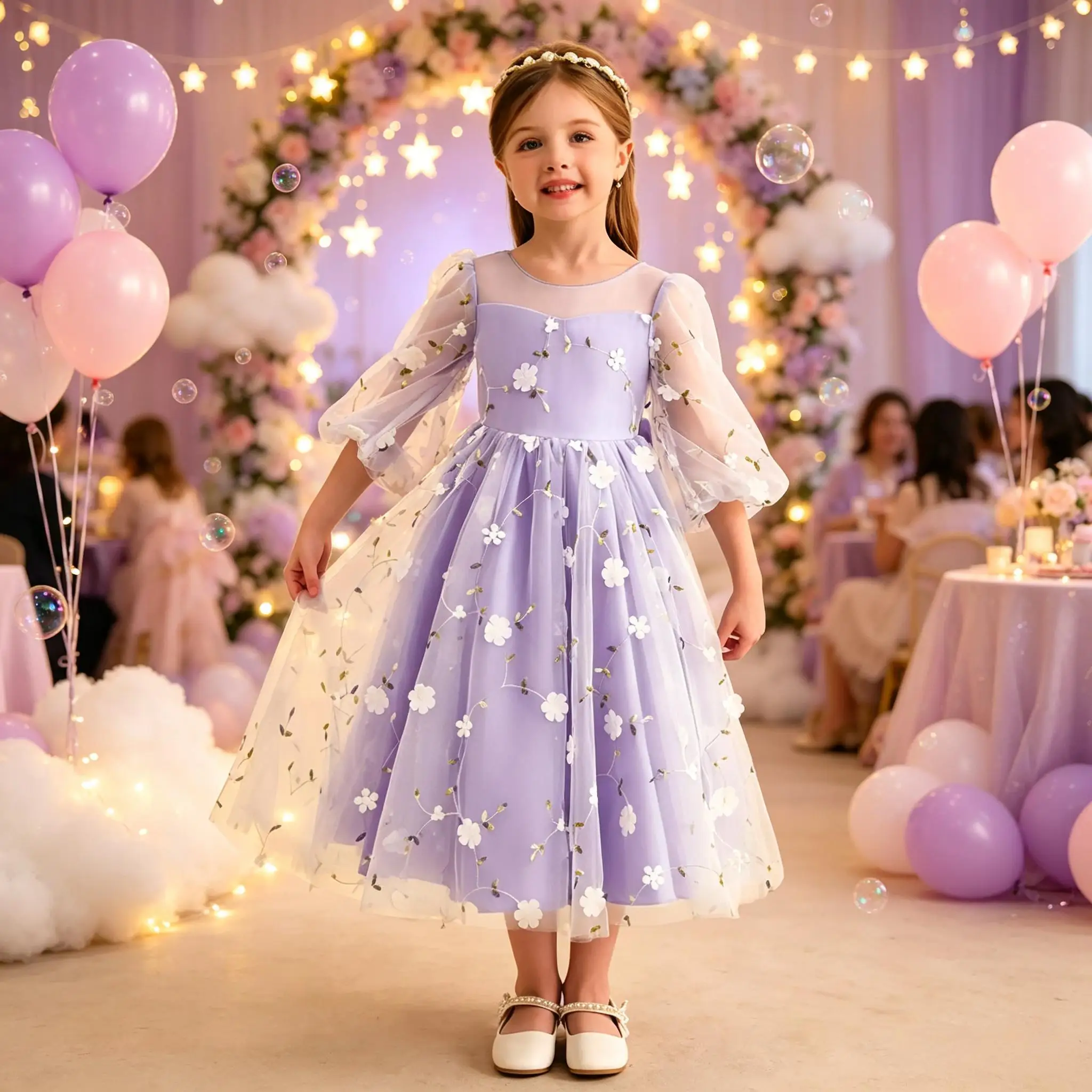 Cswdocy Romantic Girls Bridesmaid Dress Puff Sheer Sleeve 3D Floral Tulle V Back Big Bow Flower Girl Dress For Pageant Formal