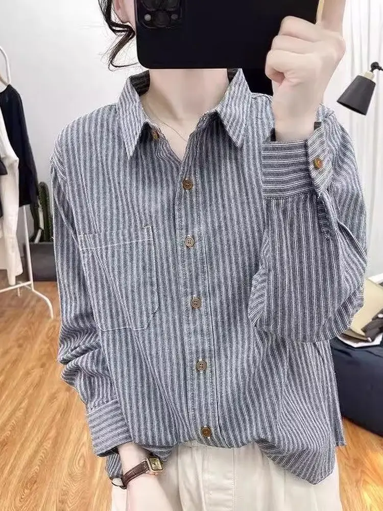 

Women's Cotton Linen Long Sleeve Neck Casual Shirt Loose plus Size Striped Top Breathable Comfortable Korean Style Offic...