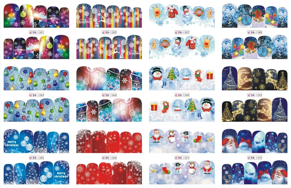 12 Designs Assortment of Christmas Decor Nail Sticker Watermark Festive Santa Claus Snowflakes Holiday DIY Water Transfer Decals