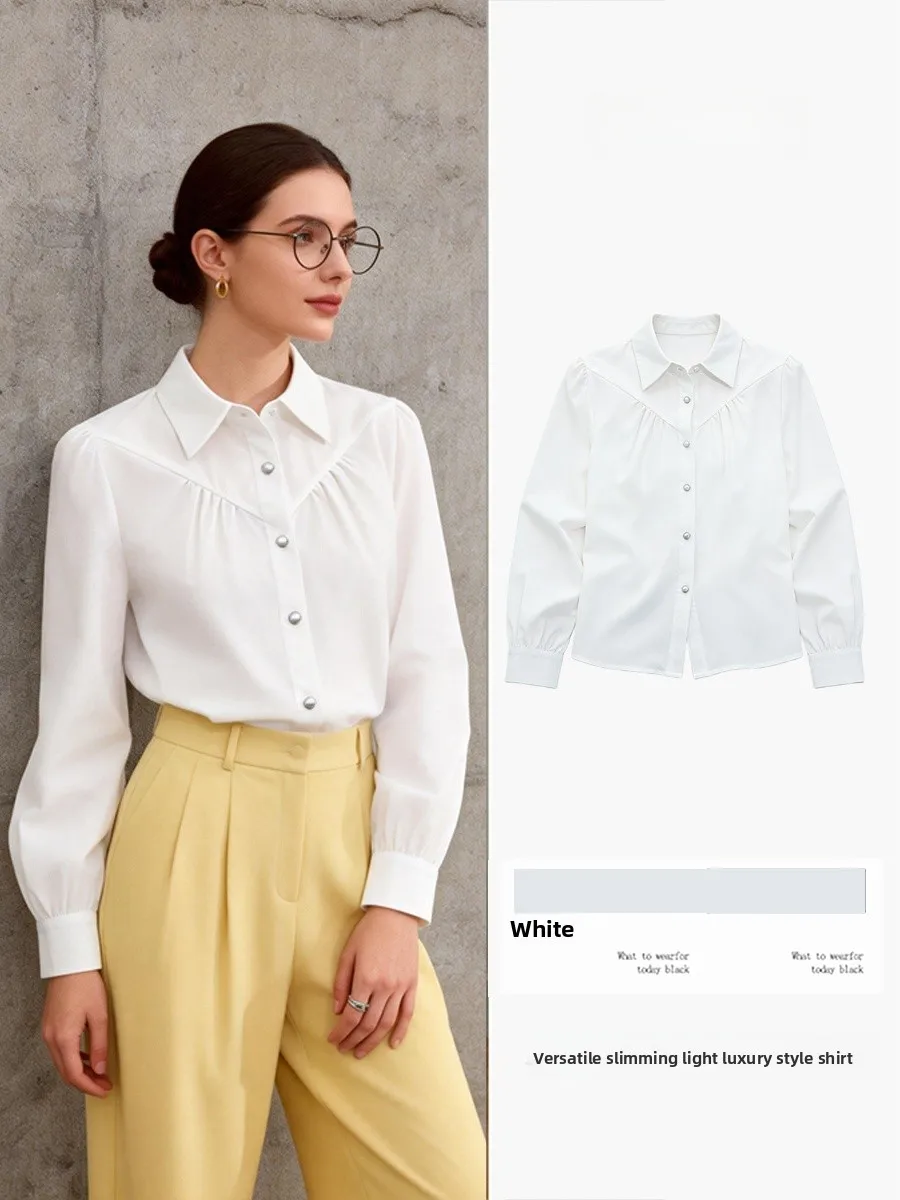 

Women's Long Sve Pleated irt Collared Commute Slimming Versatile Open Cardigan Top Spring Autumn New Sle Ele Luxury