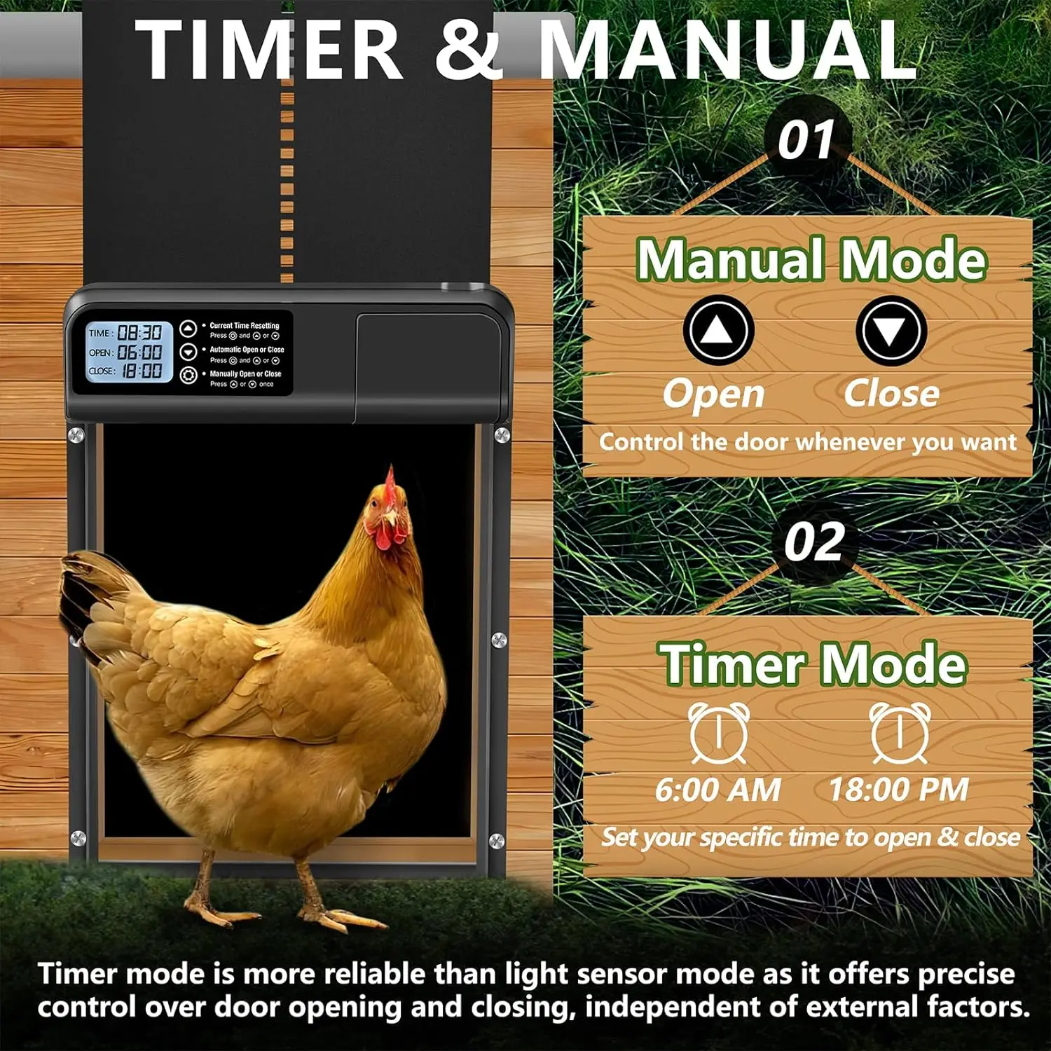 건전지 알루미늄 자동 닭장 문, 방수 디스플레이 타이머 및 지능형 핀치 방지 기능 탑재