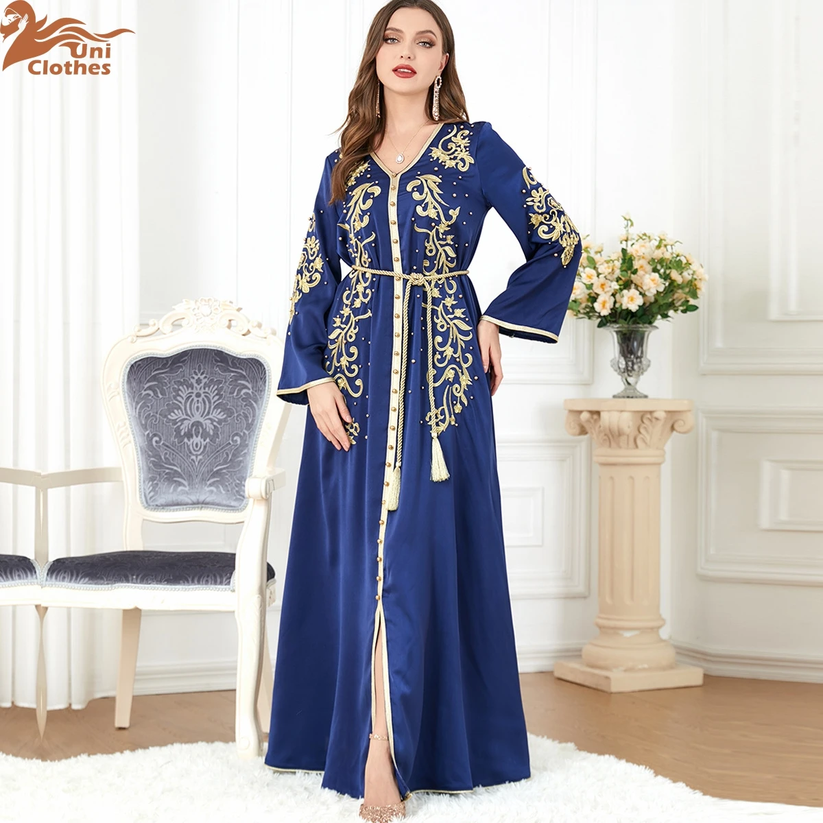 Eid Muslim Dress for Women Abaya Beading V Neck Lace-up Jalabiya Party Dresses Kaftan Vestidos Long Robe Arab Dubai Winter 3299