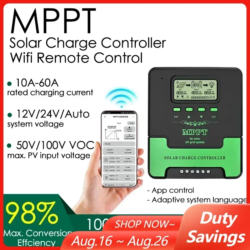 12/24V WIFI MPPT Solar Charge Controller 10/20/30/40/50/60A Solar Panel Battery Regulator LCD USB for Lifepo4 Lead Acid Lithium