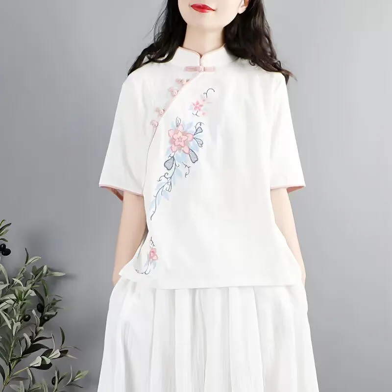 

Chinese Style Embroidered Short Sleeve T Shirt Women Cotton Stand Collar Tea Clothing Vintage Casual Shirt Women Hanfu Tops