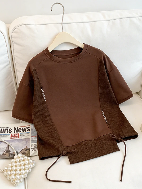 

Summer New Style Large Size Casual Color Block Design Short Sleeve T-Shirt Korean Version Fashionable Drawstring Trendy Top