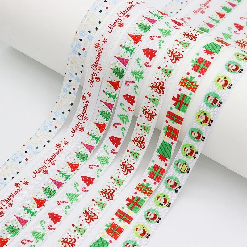 50Yards 15mm Heat Transfer Shiny FOE Fold over Elastic Ribbon Christmas Designs for Gift Craft