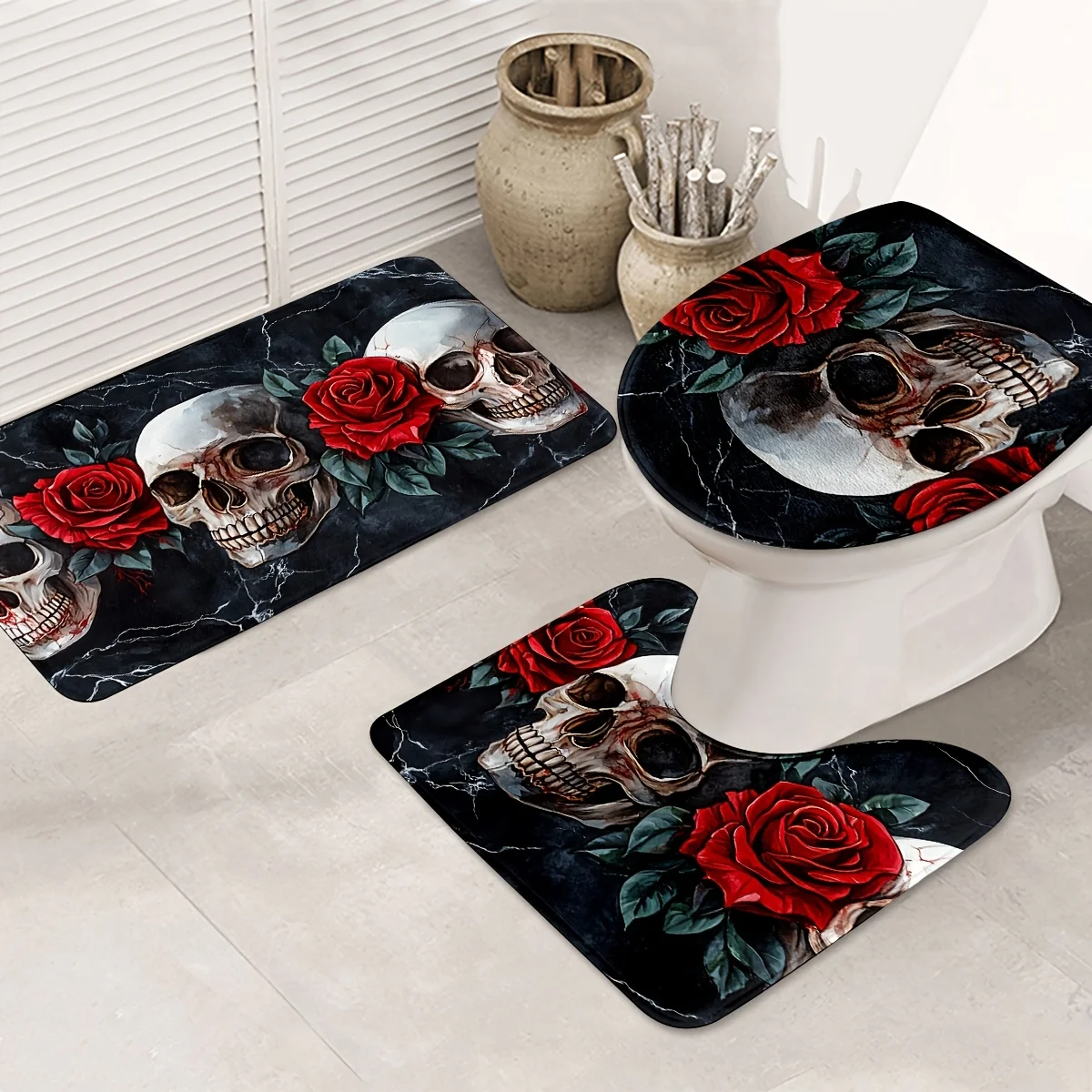 

3pcs Skull Rose Bathroom Rug Set Non-Slip U-Shaped Mat and Toilet Lid Cover Gothic Floral Theme Washable Indoor Floor Mats