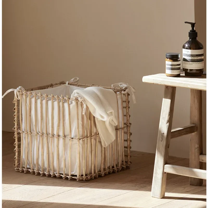 

Simple Square Dirty Clothes Basket Natural Rattan Decorative Basket Hotels Homestays Bath Towel Basket Cotton Lined Storage Case