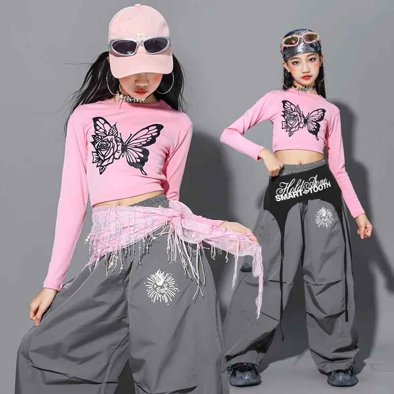 

Детская одежда для джазовых танцев, наряд Kpop для девочек, розовый укороченный топ, серые мешковатые брюки в стиле хип-хоп, одежда для уличных танцев, сценического шоу, AMY2545