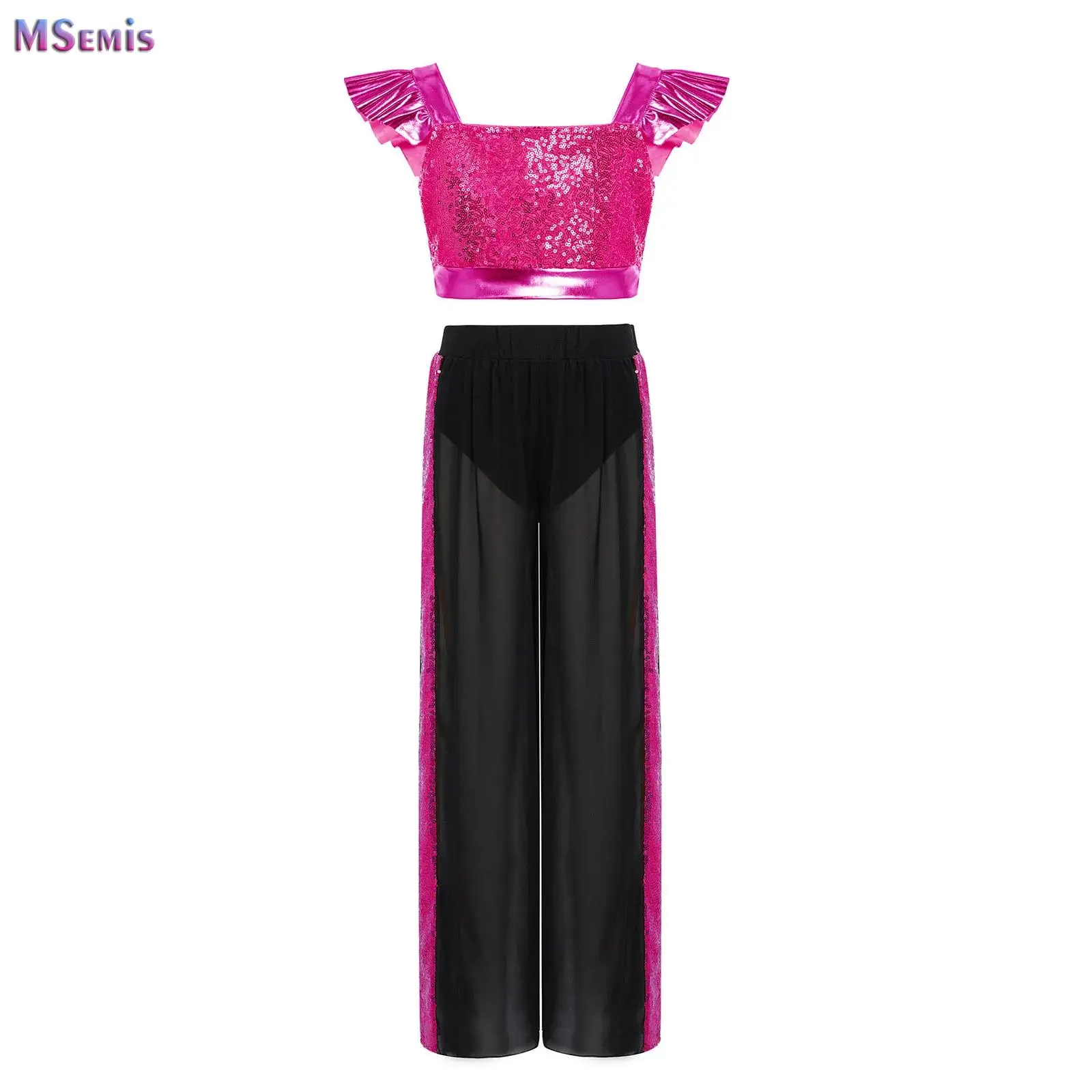 

Kids Girls Lyrical Dance Suit Sequins Crop Top with Pants Set Ballet Jazz Dance Costume Modern Disco Stage Performance Clothes
