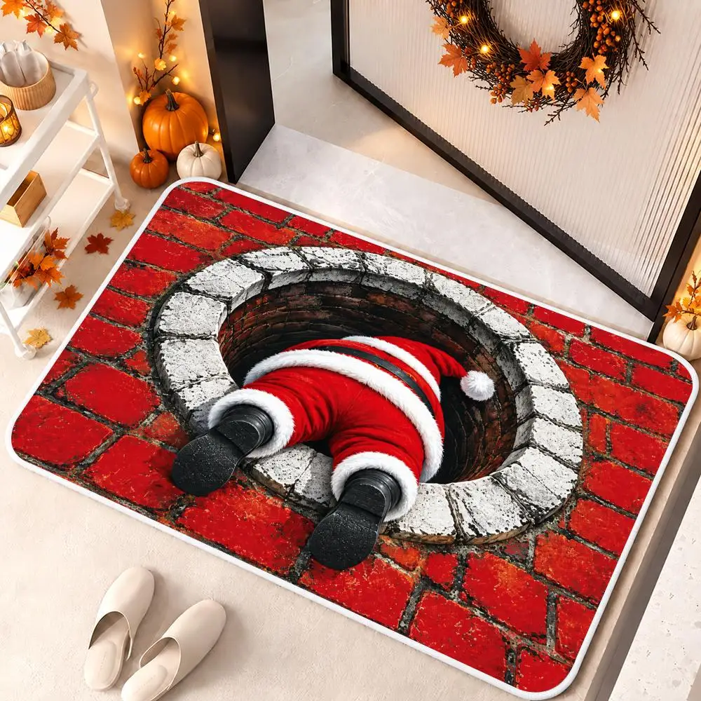 Santa Chimney Illusion Floor Mat Soft Flannel Floor Mat Cloud Feel Non-slip Bath Rug Machine Washable Foam Carpet Door Mat