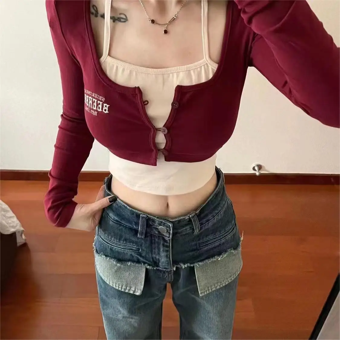 Women Y2K Halter Neck Long Sleeve Shirt Sexy Slim Fit Red Crop Top Fall Basic T-Shirt Fairy Grunge 90S Streetwear