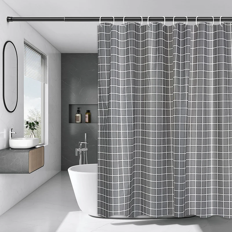 Waterproof Shower Curtain Mildew Resistant Durable Bathroom Divider PEVA Gray Plaid Modern Printing Bathtub Curtain Bathroom Acc