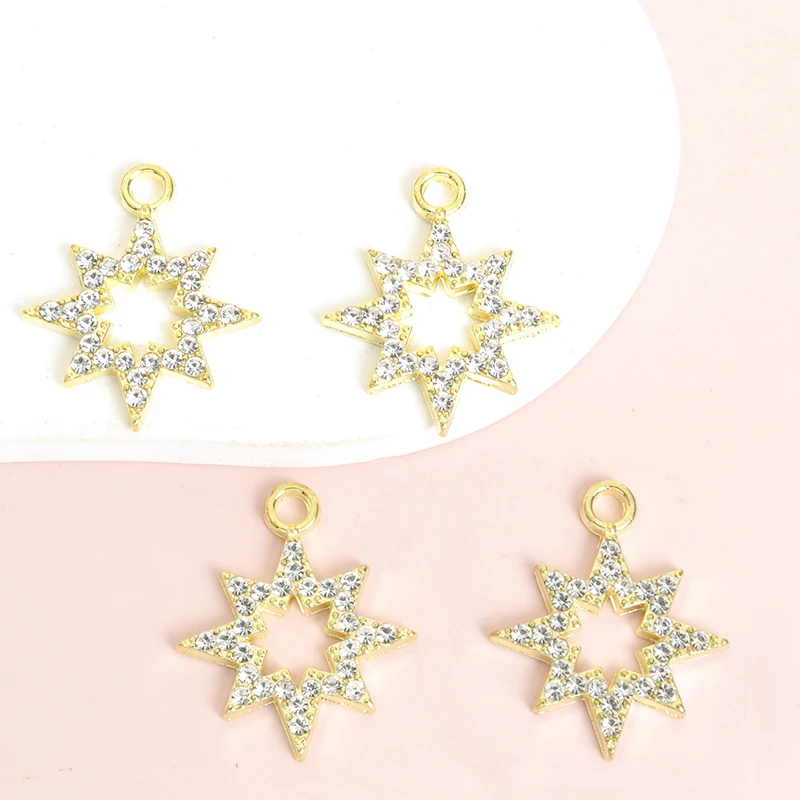 10pcs Shiny Rhinestones Inlay Hollow Eight-pointed Star Charms Necklace Earring and Any Other Chain Ornaments DIY Alloy Pendants