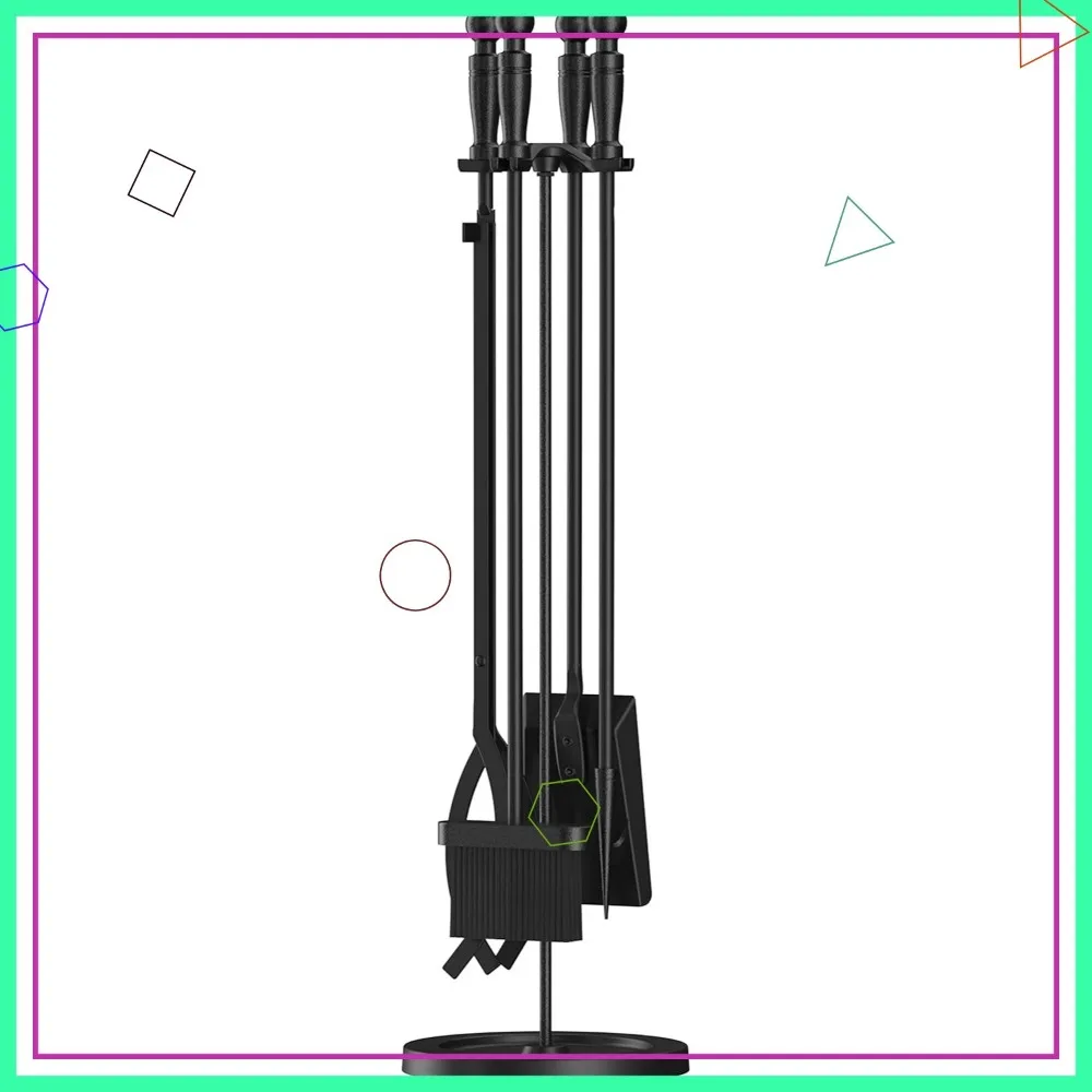 

5-Piece Wrought Iron Fireplace Tool Set with Poker, Shovel, Tongs, Brush and Base - 31 Inch Black