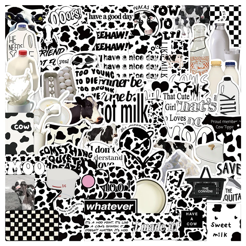 65pcs Ins Black White Cow Biscuit Stickers For Stationery Phone Cup Craft Supplies Sticker Pack Vintage Scrapbooking Material