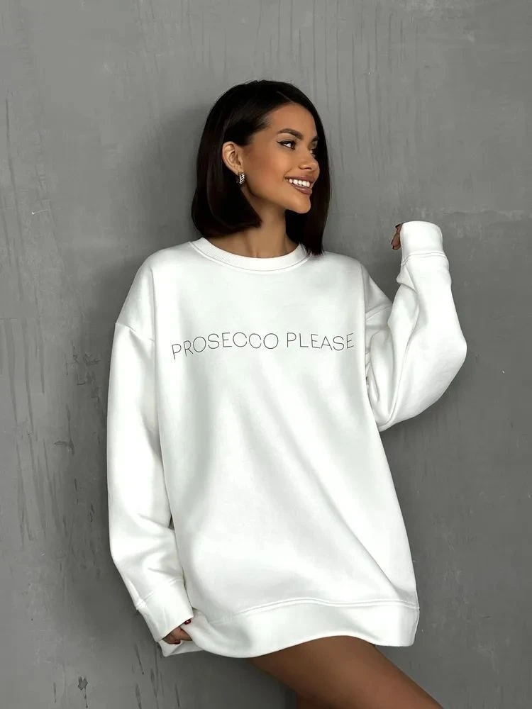 سترة كاجوال فضفاضة مستديرة Ne Long Sve مطبوعة بأحرف Faionable جديدة مريحة ملابس الشارع الشهير للسيدات