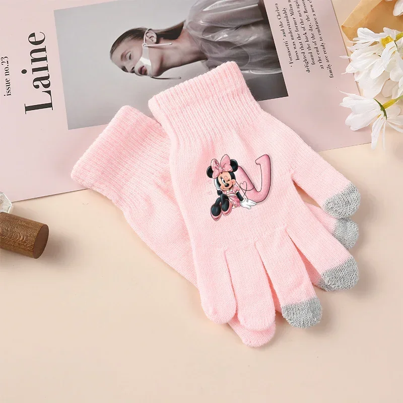 Minnie Knitted Gloves Disney Full Finger Outdoor Cycling Glove A-Z Letters Screen Warmth Solid Color Thick Touch Screen Mittens