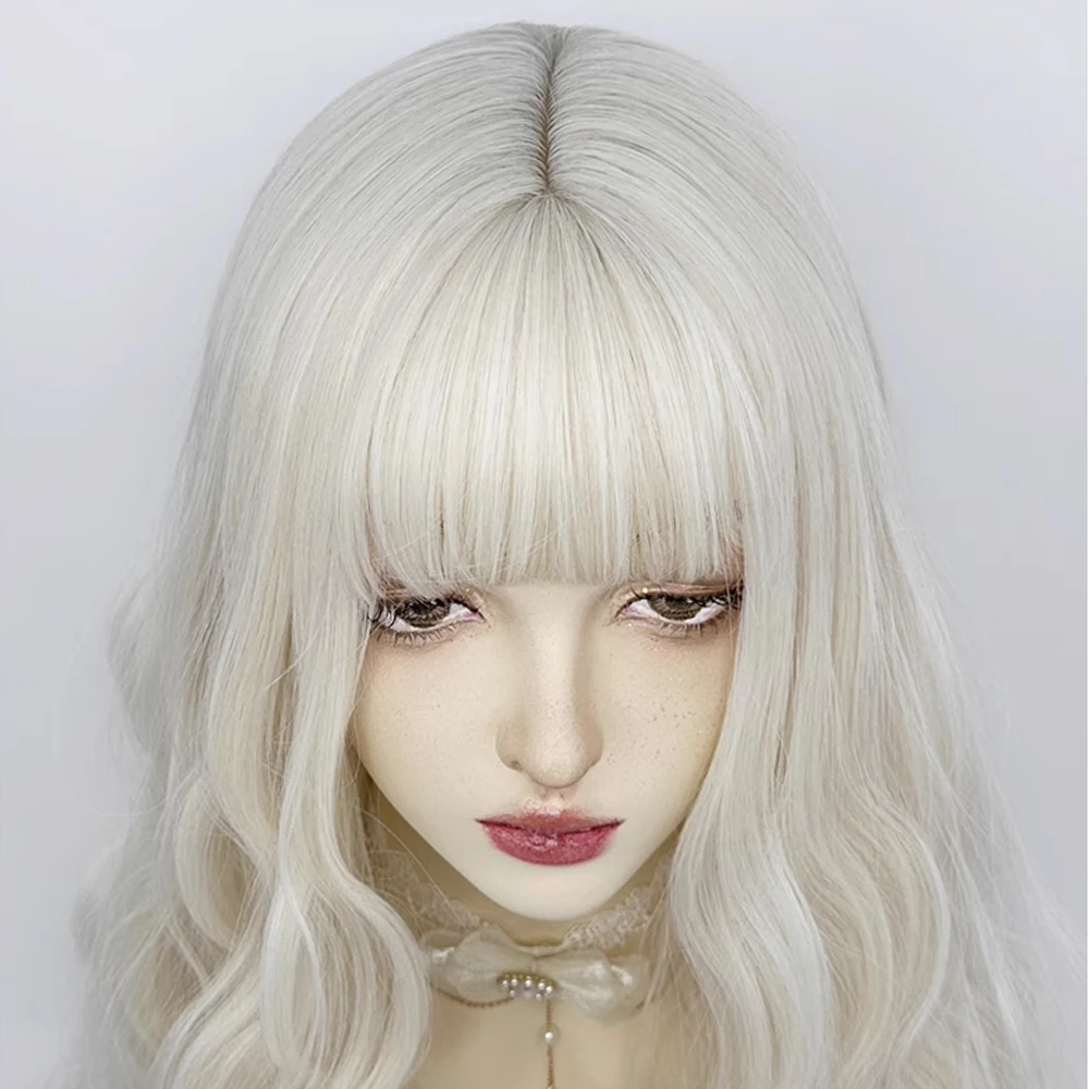 VICWIG White Long Wavy Curly Hairstyle Wig with Bangs Synthetic Women Natural Lolita Cosplay Hair Wig for Daily Party