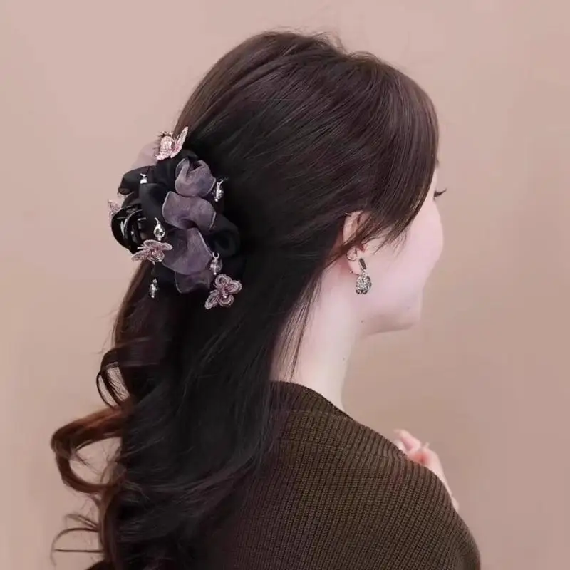 Netz-Schmetterlings-Haarspange für Damen mit Kristall-Quasten, rutschfeste Haarklammer für Pferdeschwanz und Hochsteckfrisuren, Haaraccessoires für Alltag, Party und Hochzeit – Detail 8