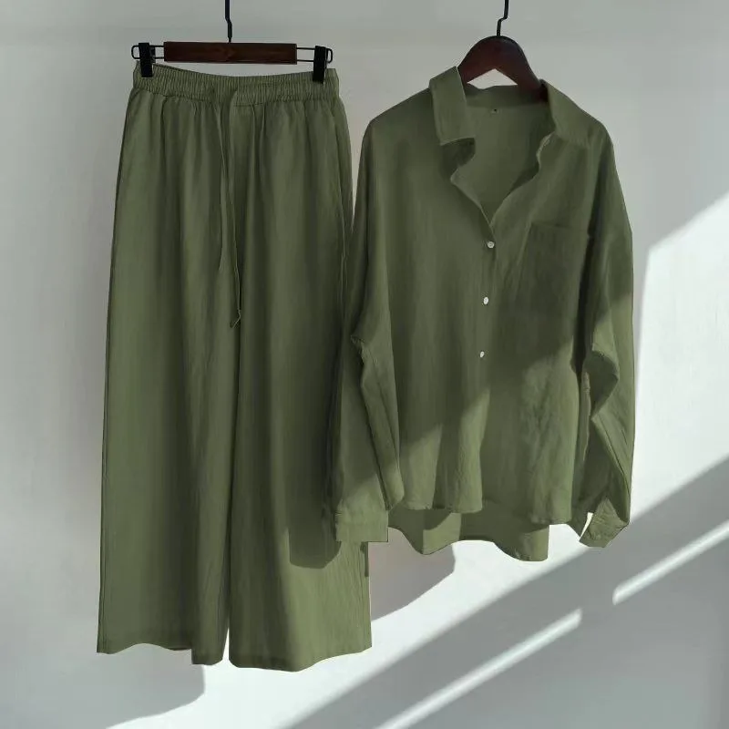 

2025 Spring and Summer Retro Cotton and Linen Shirt Set High Waist Loose Trousers Two-piece Set Women