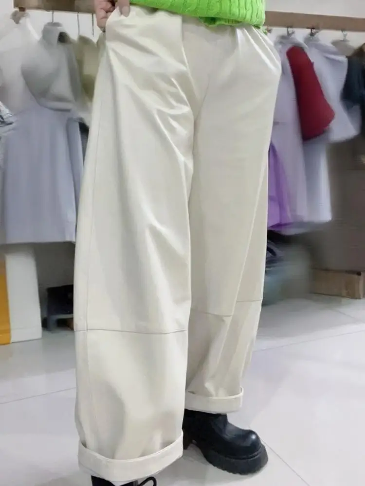 Streetwear Style Pocket Elastic Waist Ladies Handmade Genuine Leather Pants Solid Color Sheepskin Loose Wide Leg Trousers