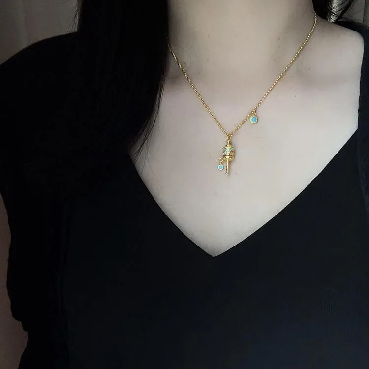 

Tibetan ethnic style 9999 24K Real Gold Enamel Prayer Necklace for Women's Retro Rattle Artificial Green Pine Pendant Collarbone