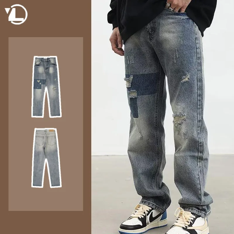 

American High Street Mens Jeans Hip Hop Washed Distressed Trendy Denim Pants Loose Straight Cowboy Trousers Male 2024 New