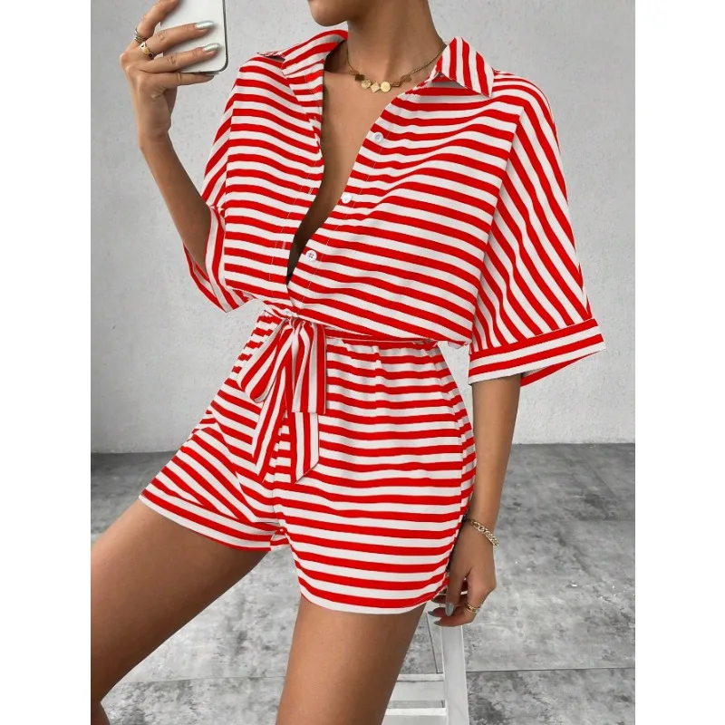 Women Fashion One Piece Short Sleeve Striped Overalls Shorts Pants Ladies Elastic Waist Turn Down Collar Rompers