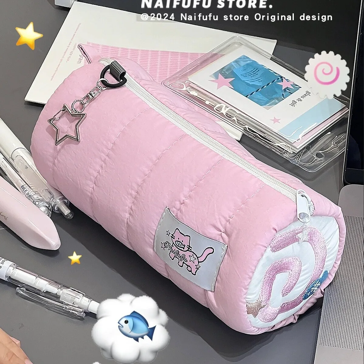 Imagem -02 - Estojo para Lápis Kawaii de Grande Capacidade para Meninas Bonito Bolsa de Papelaria Material Escolar Peixe Rosa Bolo Gato Ins Portátil Bolsa de Maquiagem Japonês