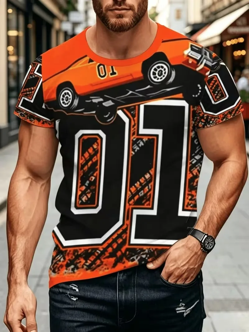 Men's Orange Retro Racing 01 Digital 3D Printed Pattern T-shirt Summer Short Sleeve Casual Daily Style Suitable Men's Clothing