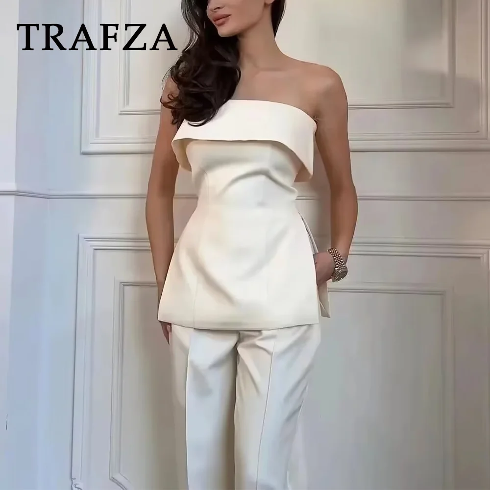 TRAFZA 2024 Spring Summer Women Elegant Solid Suit Fashion Casual Strapless Sleeveless Slim Short Tops+High Waist Zipper Pants