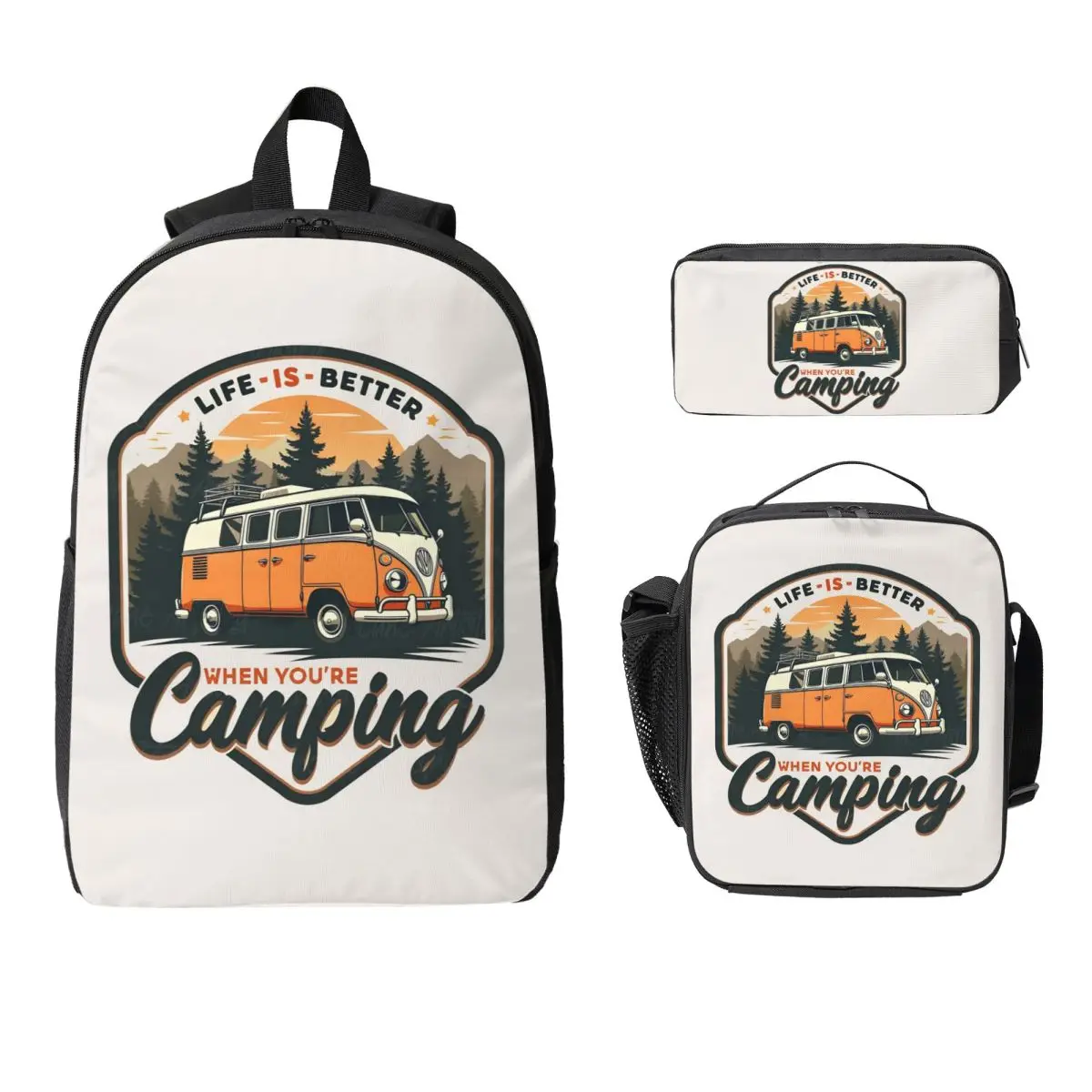 

CamperVan Happy Camper Backpack Student BookBag School Bag Laptop Shoulder Bags 3ps Insulated Lunch Bag Pencil Case