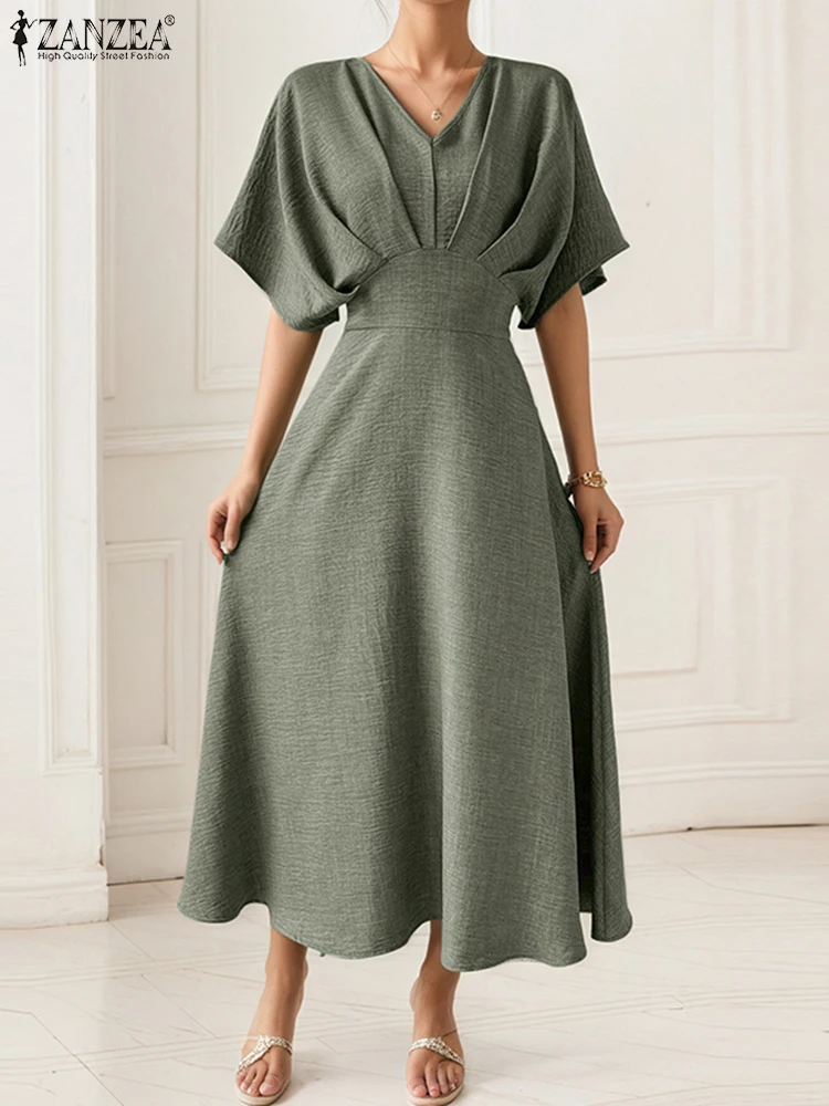 Zanzea vestido de escritório feminino verão vestido de verão meia manga morcego vintage festa robes 2025 sólido casual decote em v vestidos plissados