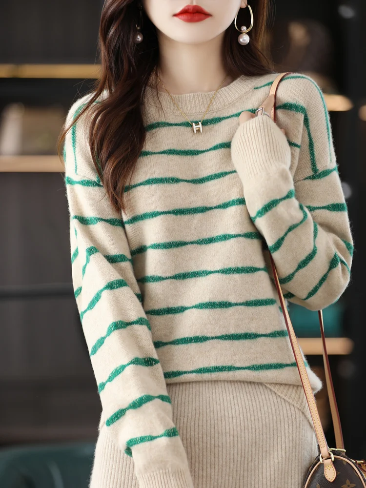 Casual Autumn Winter Women Sweater 100% Merino Wool Colour Striped Knitted Pullover O-Neck Long Sleeve Cashmere Clothing Tops