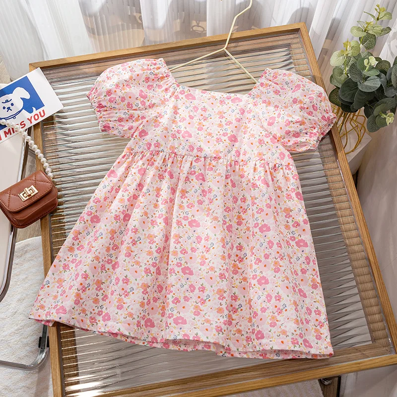 Summer Girls\' Dress New Children\'s Clothing Sweet Bubble Sleeves Fragmented Flower Princess Dress Cute Bow Puff Dress