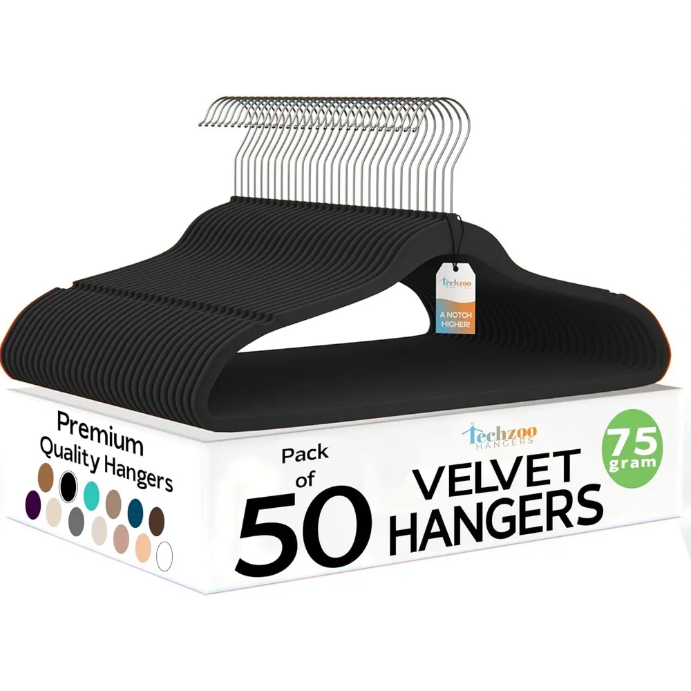 

50 Pack Ultra Thin Velvet Hangers Non Slip Space Saving Heavy Duty 360 Swivel Hook 10lbs Capacity Black
