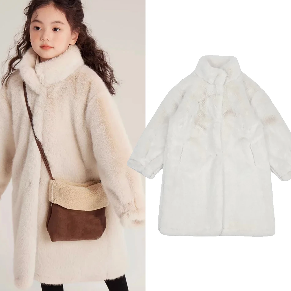 Children Winter Outerwear Luxurious Faux Fur Fashion Long Coat for Girls Wool Blends Thick and Warm with Pockets Kids Clothes